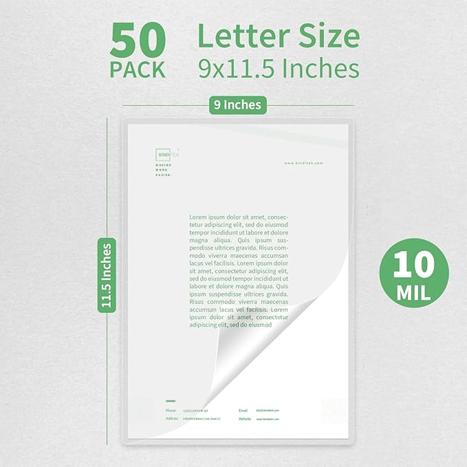 Binditek 50 Pack 10 Mil Thermal Laminating Pouches, 9x11.5 Inches Laminating Sheets, for Letter Size, Ultra Clear, Glossy, Hold 8.5x11 Inches, Heat Seal, School Office Supplies