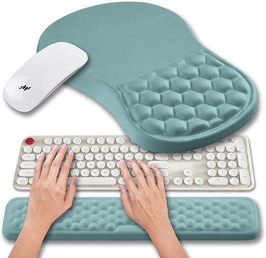 Hokafenle 2 in 1 Ergonomic Mouse Pad Wrist Support & Wrist Rest for Computer Keyboard Set, with Relieve Carpal Tunnel Pain Massage Bulge and Full Memory Gel Design (2In1 Set, Light Blue)