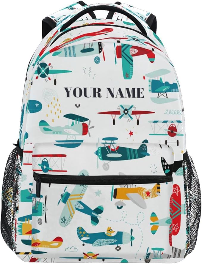 AUUXVA Custom School Backpack for Boys Kids with Name/Text Personalized Bookbag Add Your Name Customized Backpack Color Helicopter Airplane School Bag Laptop Backpack Travel Camping Daypack