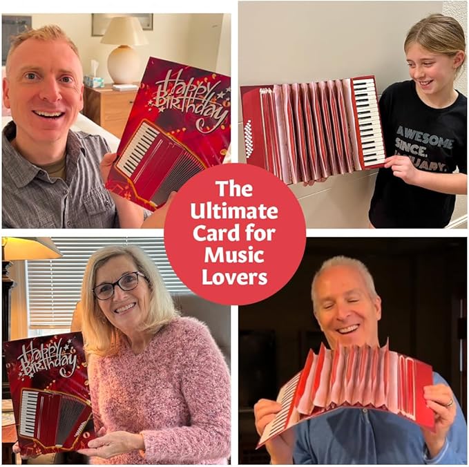 Interactive Accordion Birthday Card – Musical Birthday Cards for Men, Music Present for Men, Musicians & Son, Happy Birthday Card for Men, Musicians Gift, Open/Close to Play Song (Red - XL)