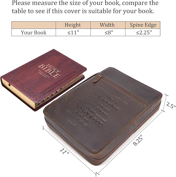Polare Full Grain Leather Bible Cover Church Bag Bible Protective Book Holder Carrying Case Folder Organizer Portfolio with YKK Zippers, Dark Brown(Strong & Courageous)