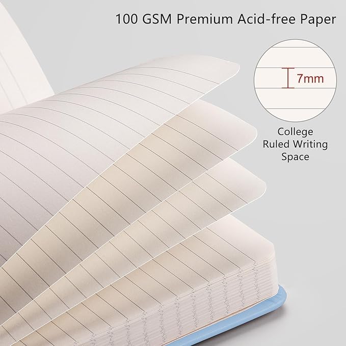 RETTACY Journaling Notebooks, A5 Lined Journal Notebook with 192 Numbered Pages, 5.7'' × 8.3'' Medium Size, for Writing, Work, Office, Leather Hardcover, 100 GSM Thick Paper (Light Blue)