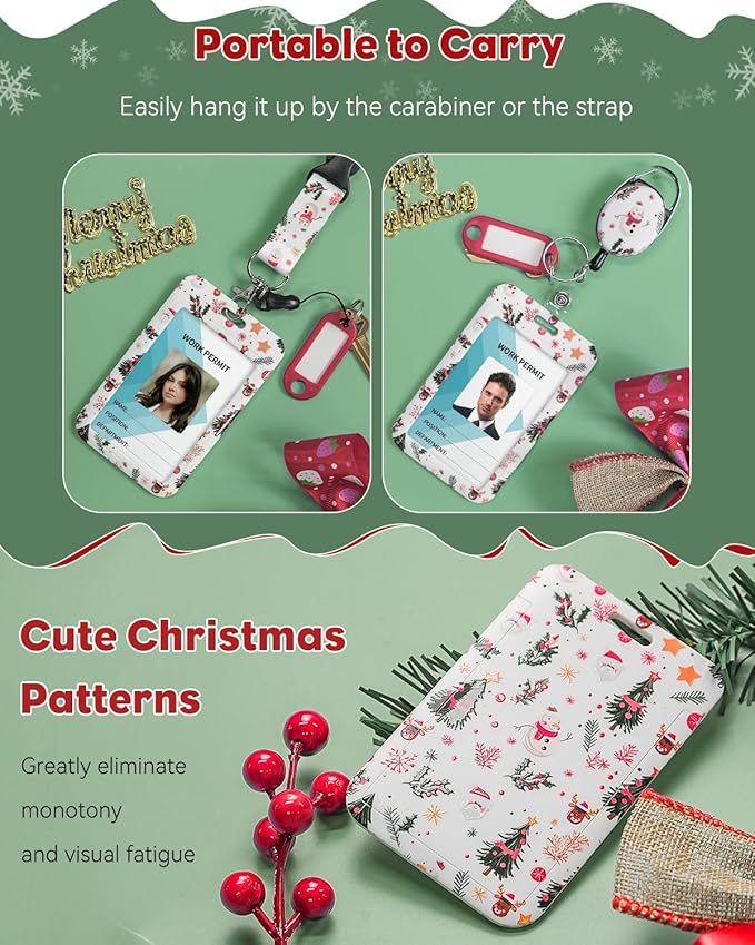 Uniclife Christmas Sliding Badge Holder Cartoon Snowman Hard ID Card Holder with Retractable Badge Reel Carabiner & Detachable Lanyard Strap Vertical Card Protector for Women Nurse Teacher Student