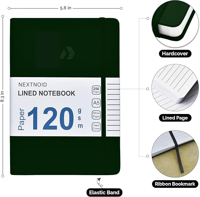 Nextnoid Hardcover Lined Journal Notebook - 120 GSM Thick Paper, Medium A5-256 Pages - Perfect For Writing, Journaling and Note-Taking (Green, Ruled)