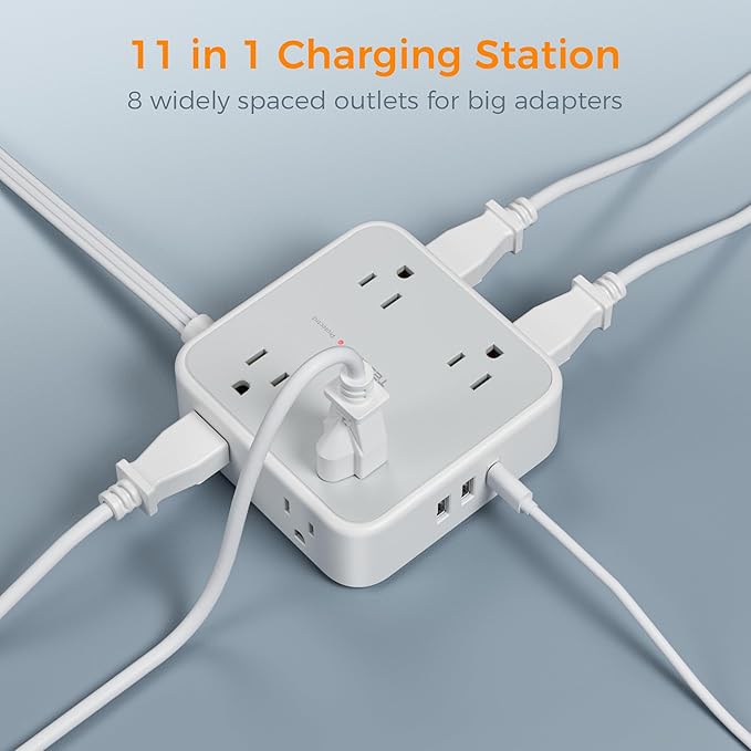 Flat Plug Long Extension Cord 25 Ft, TESSAN Power Strip Surge Protector with 8 Outlets 3 USB Ports (1 USB C), 900J Protection Desktop Charging Station for Home, Office, Dorm Room Essentials
