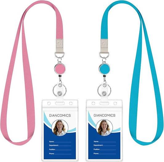 Giancomics Lanyards for Id Badges, ID Badge Holder with Retractable Reel, Cute Waterproof Lanyards for Cruise Ships Cards Key Office Work Name Tag Zip Type Card Holder Protector 2 Pack