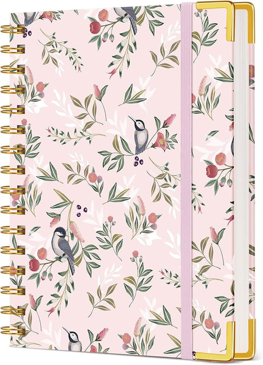 Cute Spiral Notebook Journal for Women, 160 Pages Lined Notebooks 5.75” x 8.38”, A5 Hardcover Spiral Journals with 100 GSM Thick Paper, College Ruled Notebook for Writing Work School, Woodland Floral