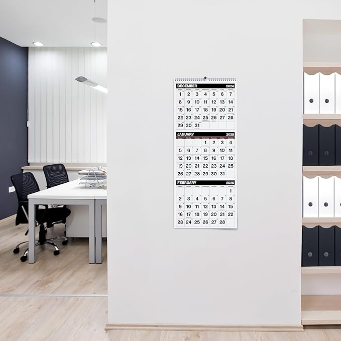 Dunwell Three Month View Calendar 2025 (Black), 11x26" Open, 3-Month Wall Calendar Vertical, Use to December 2025, 3 Panel, Ships Folded