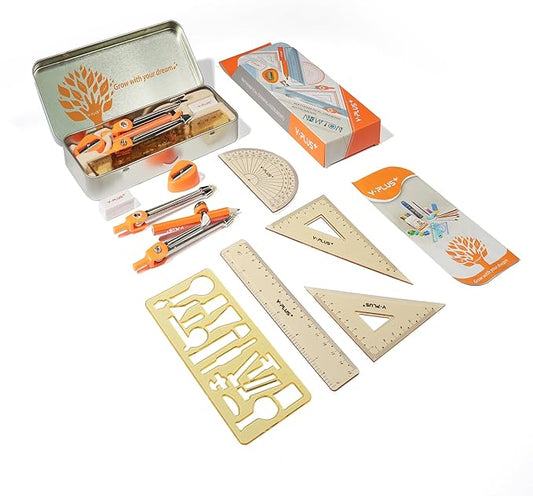 YPLUS Geometry Set for Students, Math Protractor Compass with Rulers, Box of Protactor Kit for Class Supplies and School, Christmas Stocking Stuffers for Kids Toddler 11 Pcs