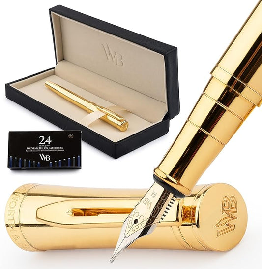 Wordsworth & Black Luxury Fountain Pen - Stunning Gold Pen, 24K Gold Finish,18K Gilded Nib (Medium), Ink Converter, Best Pen Gift Set for Men & Women, Professional, Executive, Office, Nice Pens