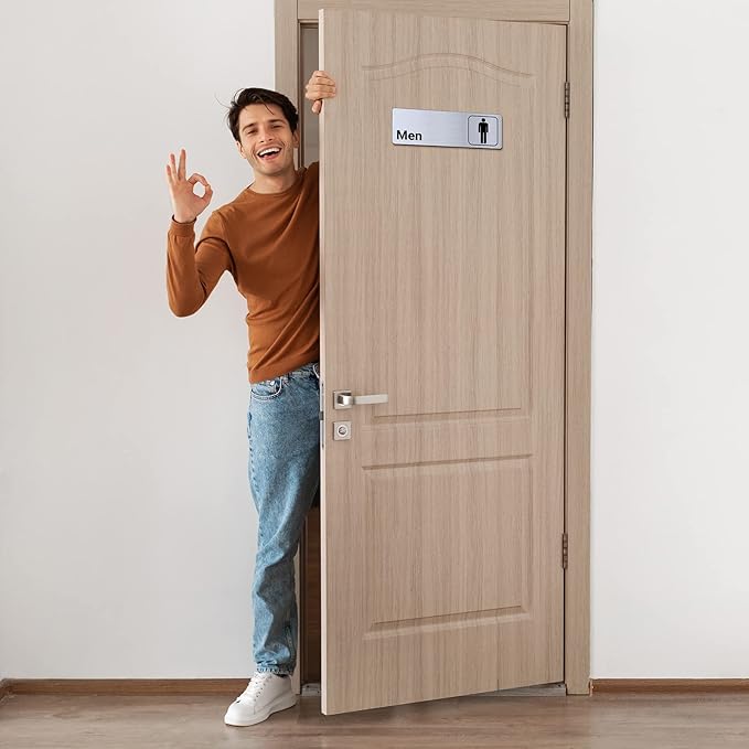 Brushed Aluminum Restroom Signs, Men and Women Modern Restroom Sign, 9 x 3 Inch Bathroom Door Signage Decor for Offices Business Restaurants (2 Pcs)