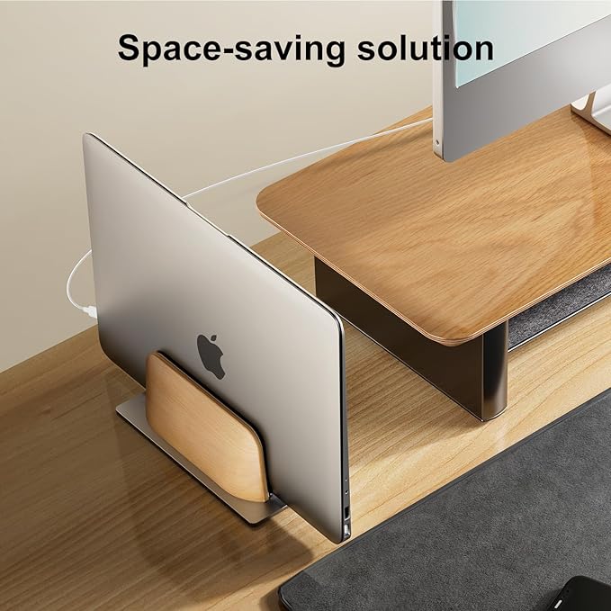 UPERGO Vertical Laptop Stand for MacBook, Wooden Laptop Holder Vertical for Desk Compatible with MacBook Pro and Other Laptops