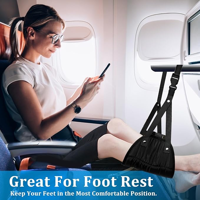 2 Pack Airplane Foot Rest, Airplane Foot Hammock with Premium Memory Foam, Adjustable Length Foot Hammock for Plane Travel, Airplane Footrest Relax Your Feet in The Train Office&Home, Black