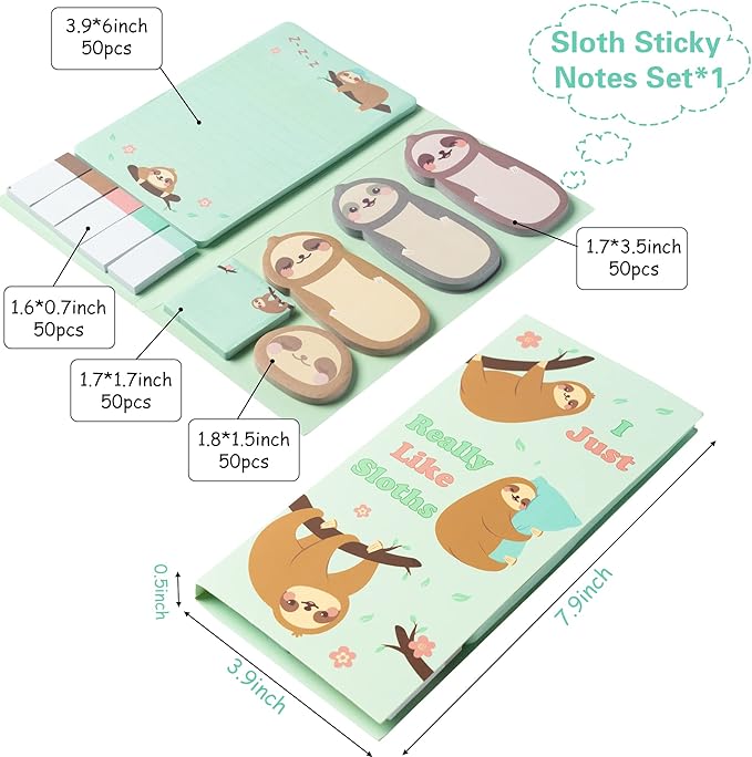 I Just Really Like Sloths Sticky Notes Set, 550 Sheets, Cute Cartoon Sloths Self-Stick Notes Pads Animal Divider Tabs Bundle Writing Memo Pads Back to School Office Supplies Small Gift