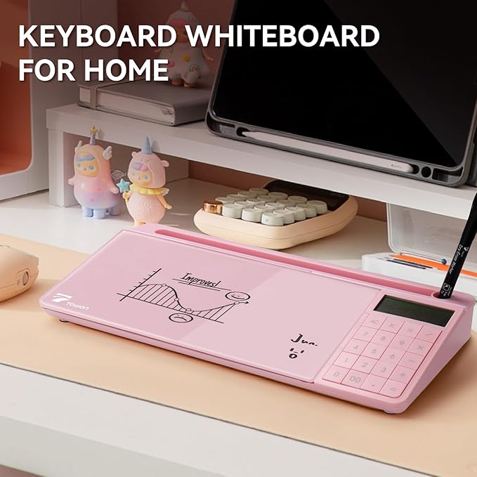 TOWON Desktop Whiteboard with Electronic Calculator and Mirror, Pink Desk Glass Whiteboard Organized, Glass Desktop Dry Erase Board with Accessories for Home Office Supply, Keyboard Dry Erase Notepad