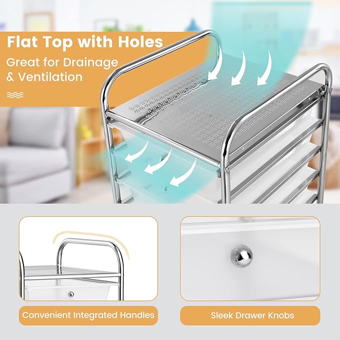 Storage Cart, Rolling Utility Cart with 10 Drawers, Portable Handles & Lockable Wheels, Mobile Paper Toys Storage Organizer Large Capacity for Home Office School Teacher (Clear)