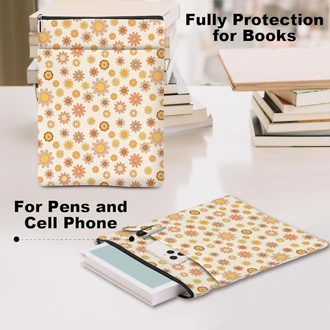 Retro Floral Pattern Book Lovers Gifts Waterproof Book Sleeve Book Pouch Book Protector with Zipper and Front Pocket BookCover Case for Women Girl Best Friend Sister Book Accessories Book Club Gifts
