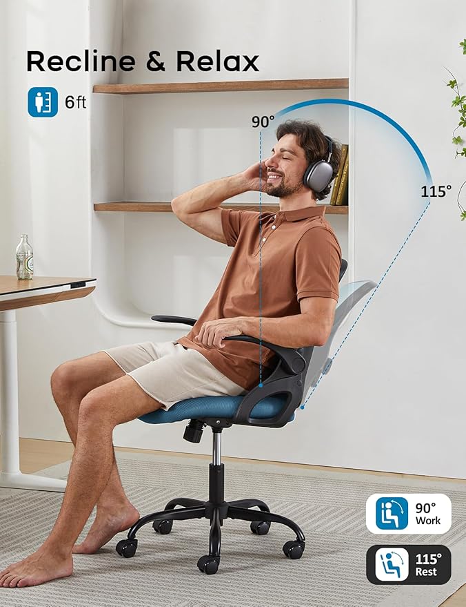 Mesh Office Chair Ergonomic Desk Chair with Up&Down Front&Rear 2 Dimensions Adjustable Lumbar Support and Flip-up Arm Rocking Comfy Swivel Computer Task Chair for Home Office(Black-Blue)