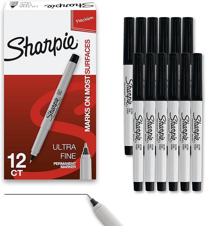 Sharpie Permanent Markers, Ultra Fine Tip Markers Set, Quick Drying And Fade Resistant Artist Marker For Wood, Plastic Paper, Metal, And More, Drawing, Coloring, And Poster Marker Black, 12 Count
