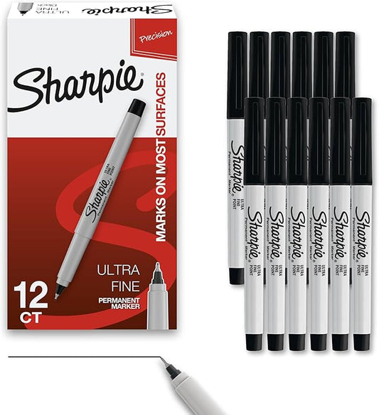 Sharpie Permanent Markers, Ultra Fine Tip Markers Set, Quick Drying And Fade Resistant Artist Marker For Wood, Plastic Paper, Metal, And More, Drawing, Coloring, And Poster Marker Black, 12 Count