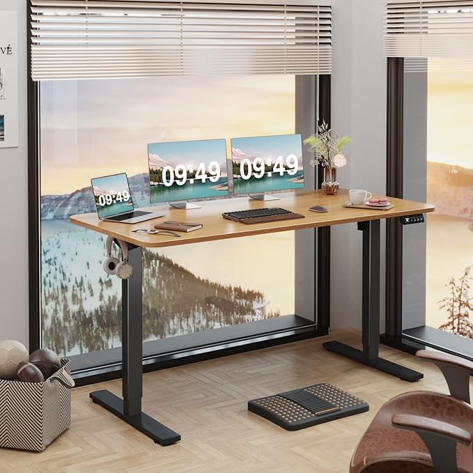 Furmax Electric Height Adjustable Standing Desk Large 55 x 24 Inches Sit Stand Up Desk Home Office Computer Desk Memory Preset with T-Shaped Metal Bracket, Maple