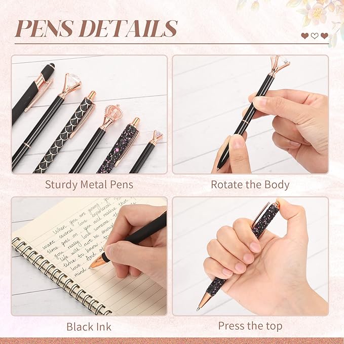6 Pcs Ballpoint Pens Set Metal Crystal Diamond Pen for Journaling Glitter Pretty Cute Stationery Black Ink Fancy Gifts for Women Girls Teacher Office Wedding School Supplies(Black)