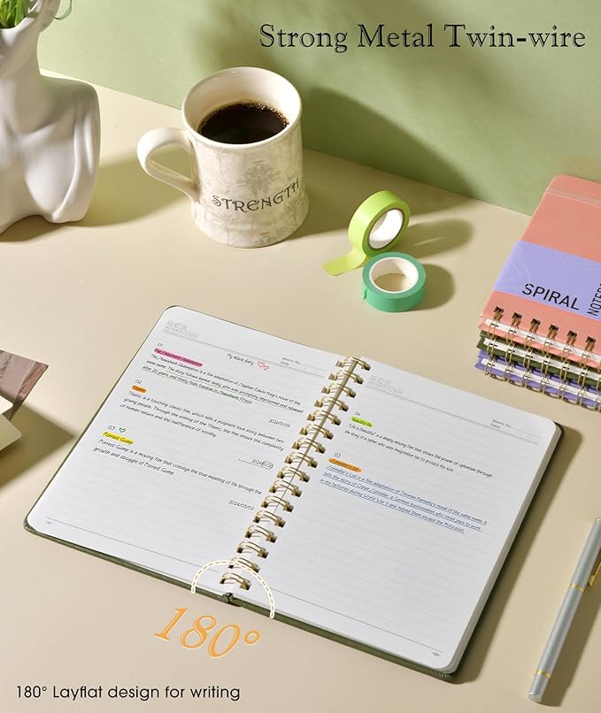 Lined Spiral Journal Notebook, A5 Hardcover Spiral Journals for Women Men, 150 Numbered Pages Spiral Bound Notebook, 100 GSM College Ruled Notebooks for Writing Note Taking 5.75" x 8.38", Olive Green