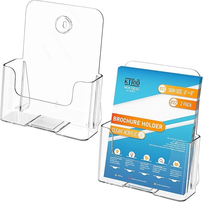 KTRIO Brochure Holder 6 x 8 inch, Acrylic Flyer Holder Stand Display Clear Holders for Literature, Magazine, Pamphlet, Booklet, Menu, Desk or Wall Mount 2 Pack
