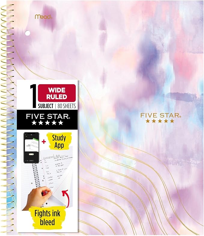 Five Star Spiral Notebook + Study App, 1 Subject, Wide Ruled, 8" x 10-1/2", 80 Sheets, Pastel Tie Dye (930210F-ECM)