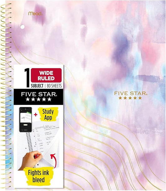 Five Star Spiral Notebook + Study App, 1 Subject, Wide Ruled, 8" x 10-1/2", 80 Sheets, Pastel Tie Dye (930210F-ECM)