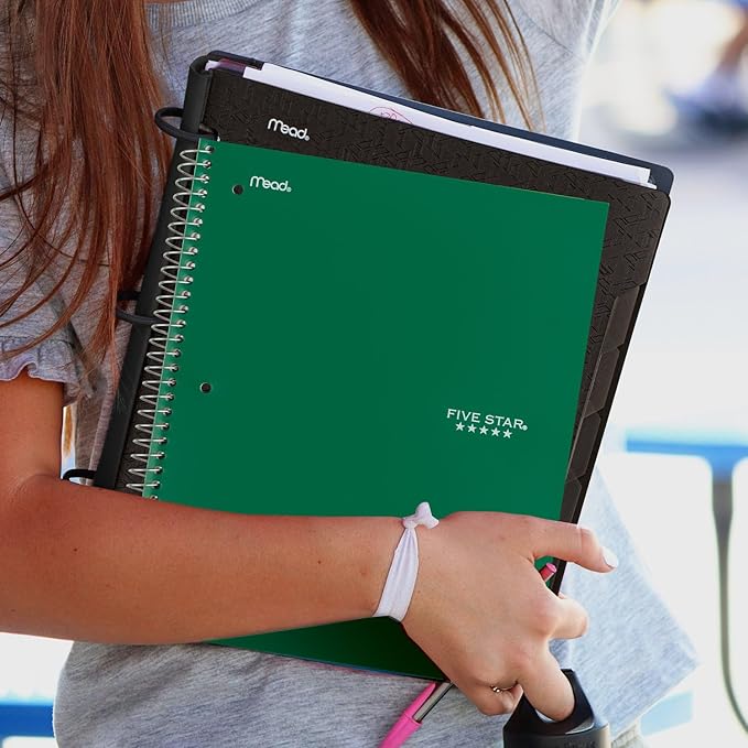 Five Star Spiral Notebook + Study App, 3 Subject, Wide Ruled Paper, 150 Sheets, 10-1/2" x 8" Sheet Size, Forest Green (73176)