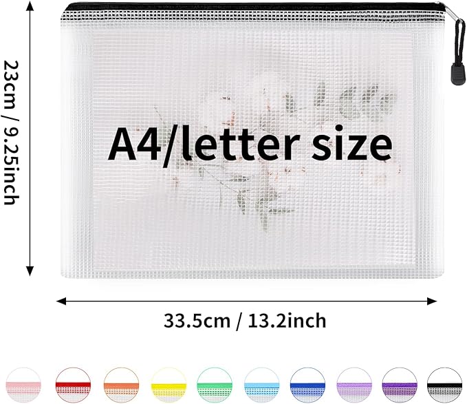EOOUT 100pcs Mesh Zipper Pouch, A4 Size, 10 Colors Zipper Bags for Organizing Storage, Waterproof Puzzle Bag, Zipper File Bags for Board Games and School Office Supplies