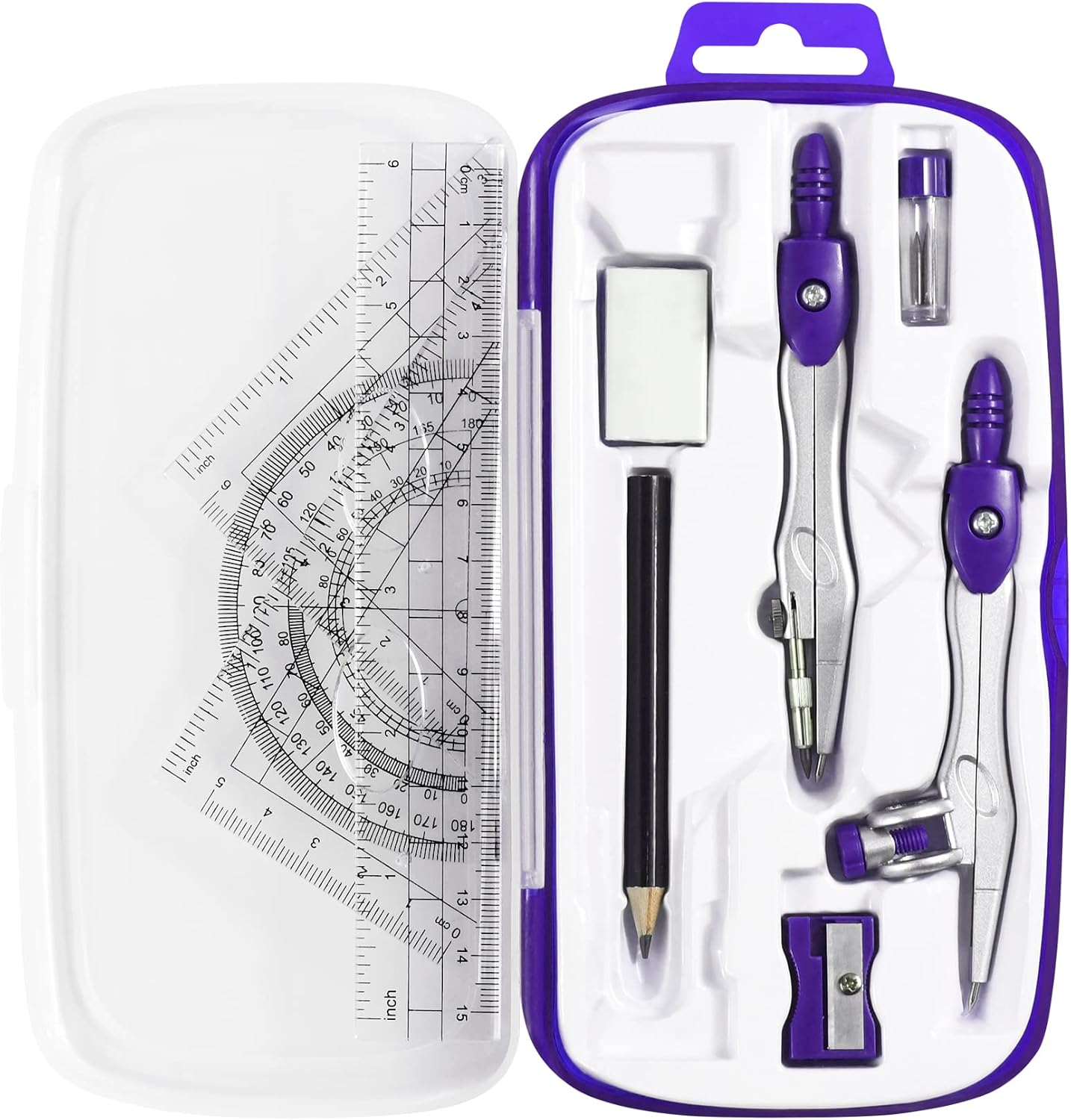 Math Geometry Kit Sets 10 Piece Student Supplies with Shatterproof Storage Box,Includes Rulers,Protractor,Compass,Eraser,Pencil Sharpener,Lead Refills,Pencil,for Drafting and Drawings（Purple）