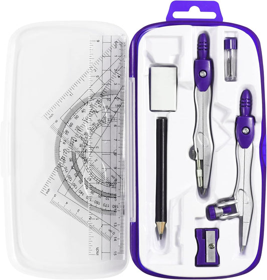 Math Geometry Kit Sets 10 Piece Student Supplies with Shatterproof Storage Box,Includes Rulers,Protractor,Compass,Eraser,Pencil Sharpener,Lead Refills,Pencil,for Drafting and Drawings（Purple）