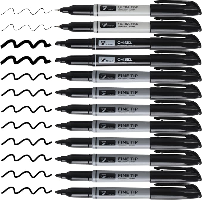Permanent Markers 12 Black - Waterproof Quick Drying Pens Set 8 Fine Tip, 2 Ultra Fine, 2 Chisel Tip Office Home School Supplies for Adults Writing Doodling Marking