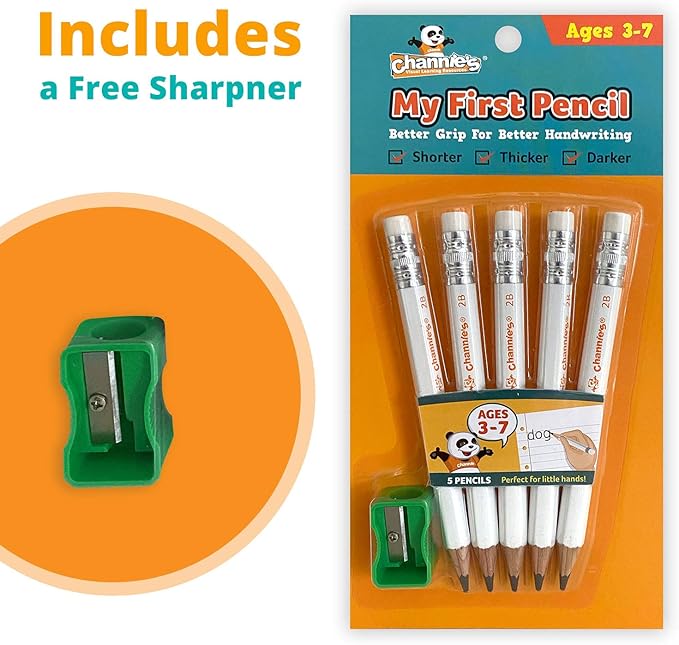Channie's My First Pencil, Easy-to-Hold Jumbo Pre Sharpened Pencils #2 for Preschoolers, Kindergarteners & 1st Graders, White Wooden 2B Fat Pencils for Kids Ages 3-7, Pack of 2 (5 Each) & Sharpener
