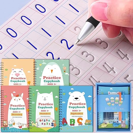 QMUBOT Magic Practice Copybook for Kids, Handwriting Practice Workbook, Reusable Writing Practice Book for Preschool Kids Age 3-8, Calligraphy 7.9in×5.5in (5 Books with Pens)