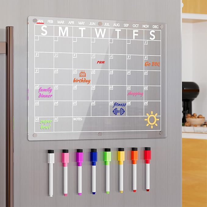 Acrylic Magnetic Dry Erase Board Calendar for Fridge, Clear Monthly Planner Whiteboard for Refrigerator, w/ 8 Colors Markers, 15"x11"
