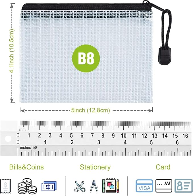 Mesh Zipper Pouches, 6PCS Waterproof Tear-Resistant Document File Folders, B8 Size Zipper Documents Pouch Document Organizer Bags for School Office Home Travel Storage(5×4.1Inch)