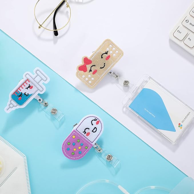 Zonon Nurse Felt Retractable, Pill Bandage Syringe Badge Reels Cute ID Badge Holder with Alligator Clip Nurse Holiday Gifts for Doctor Teacher Student