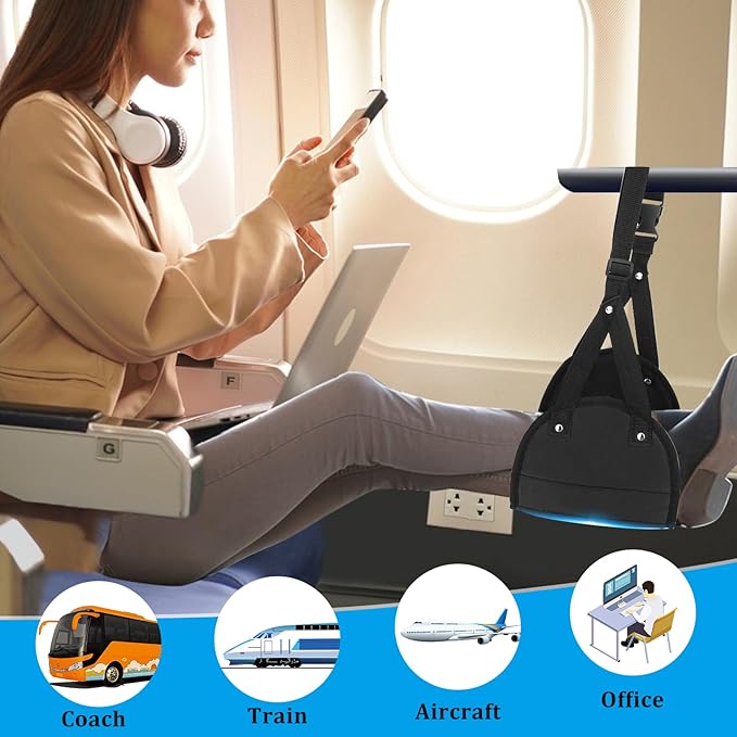 Airplane Foot Rest, Airplane Foot Hammock with Premium Memory Foam, Adjustable Length Foot Hammock for Plane Travel, Airplane Footrest Relax Your Feet in The Train Office&Home, Black