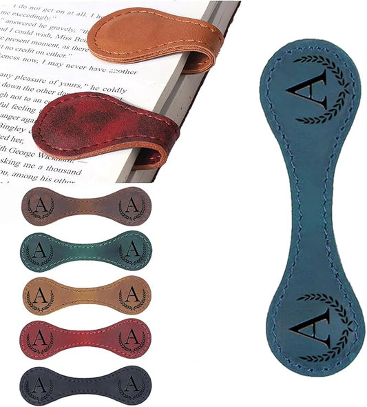 Personalized Magnetic Leather Bookmark, 26 Letters Custom Leather Bookmarks, Handmade, Leather Magnetic Bookmark for Book Lovers Readers Women Kid(Blue，A）