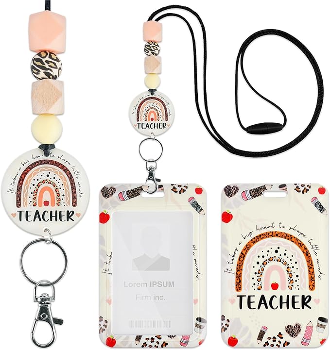 Teacher Lanyard with ID Holder, Leopard Print Rainbow Inspirational Quote Badge Holder with Beaded Adjustable Lanyard, Teacher Appreciation Gifts