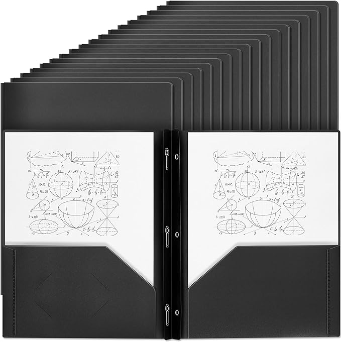 Yeaqee 60 Pcs Plastic Folders with Pockets and Prong Plastic Folders with 2 Pockets Pocket for Office, School for Students, Teachers, Office Workers (Black)