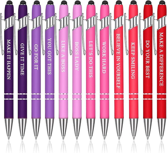 Zonon 12 Pieces Inspirational Pens Bulk Easter Basket Stuffers Motivational Quotes Ballpoint Pens with Stylus Tip Inspirational Gifts for School Office Teachers(Pink Purple Colors,Boss Lady)