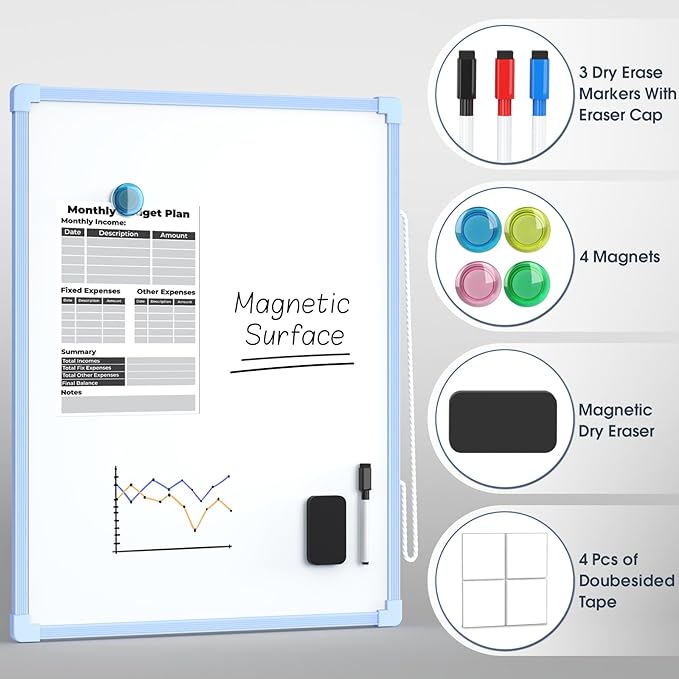 MaxGear Double-Sided Dry Erase Board for Wall, 16"x12" Hanging Whiteboard, Small Dry Erase White Board kit, Portable Whiteboard for Students - Planning, Drawing, Memo, to Do List, Blue Frame