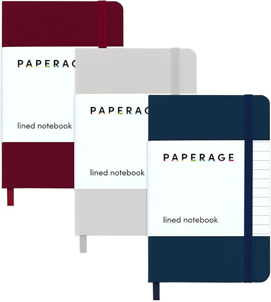 PAPERAGE Lined Pocket Journal Notebook, 3 Pack, (Navy, Light Grey, Burgundy), 160 Pages, Small, 3.6 inches x 5.6 inches - 100 GSM Thick Paper, Hardcover