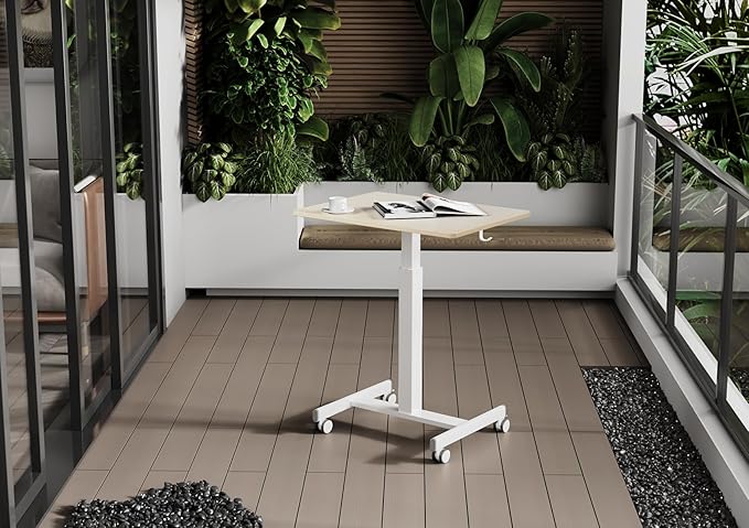 Mobile Standing Desk, Small Rolling Standing Desk, Mobile Desk Workstation with Wheels, Pneumatic Mobile Laptop Desk for Home Office with Hook, Natural