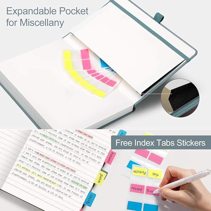 AHGXG Wide Ruled Notebook for School - Lined Journal for Women Men, 192 Numbered Pages, 100 GSM Thick Paper, A5 Hardcover Leather Notebook for Work, Writing, 5.7"×8.3" - Gray Blue