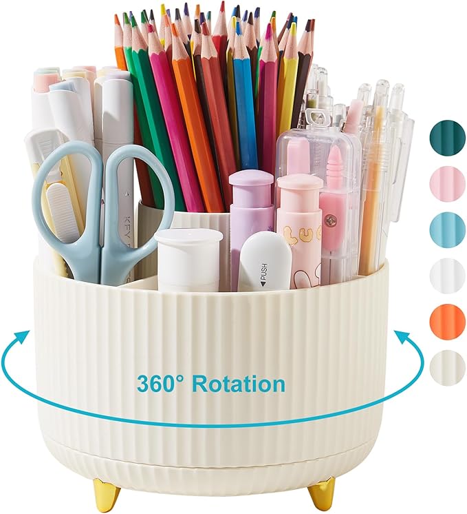 Desk Pencil Pen Holder, 5 Slots 360 Degree Rotating Pencil Pen Organizers for Desk Desktop Storage Stationery Supplies Organizer Cute Pen Cup for Office School Home Art Supply Cream Yellow